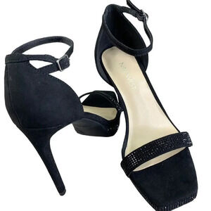Nine West Rhinestone Suede Stiletto Platform Heels Strap Sandals  Size 6M Black